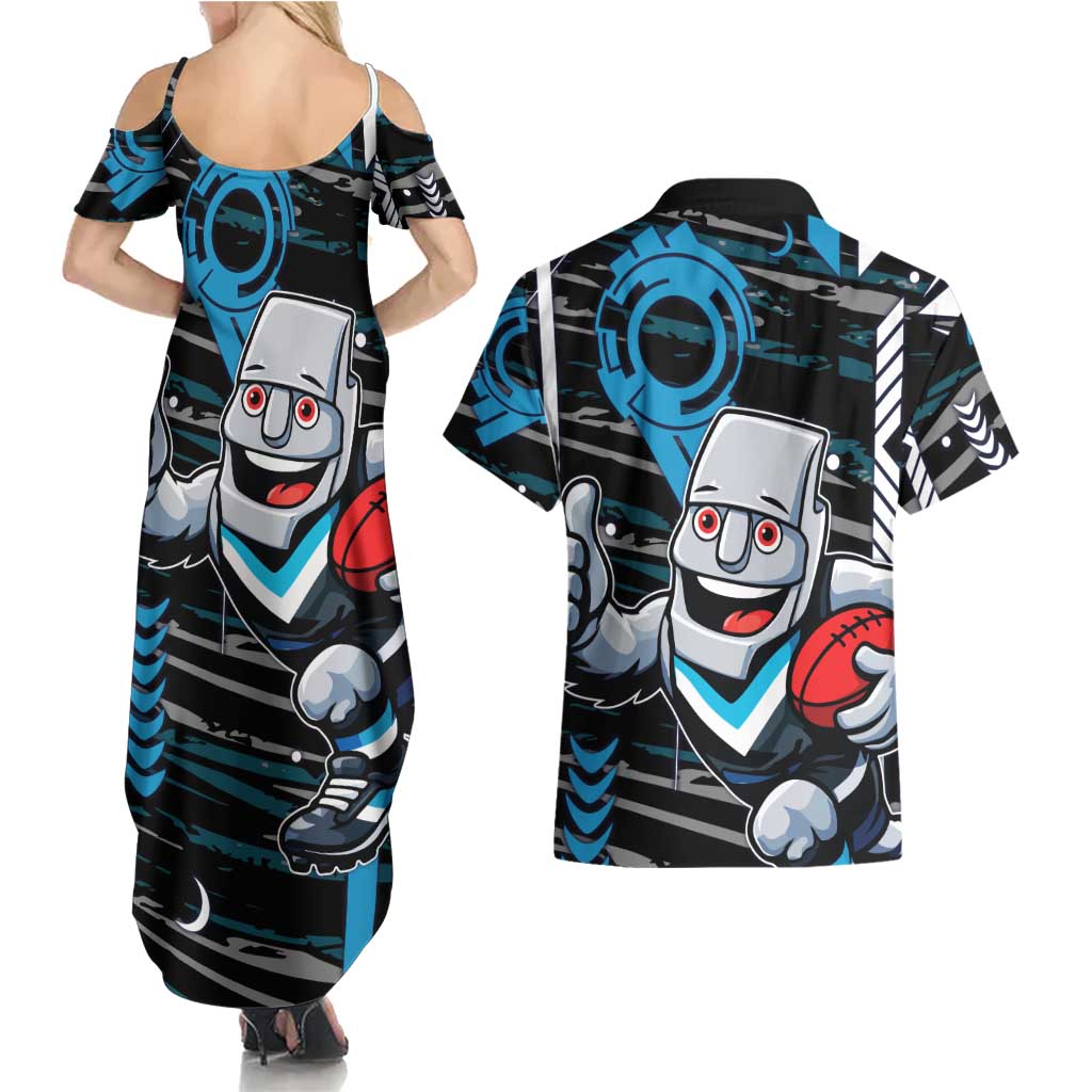 Port Adelaide Power Couples Matching Summer Maxi Dress and Hawaiian Shirt Mascot Cartoon Football Illustration Style