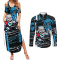 Port Adelaide Power Couples Matching Summer Maxi Dress and Long Sleeve Button Shirt Mascot Cartoon Football Illustration Style