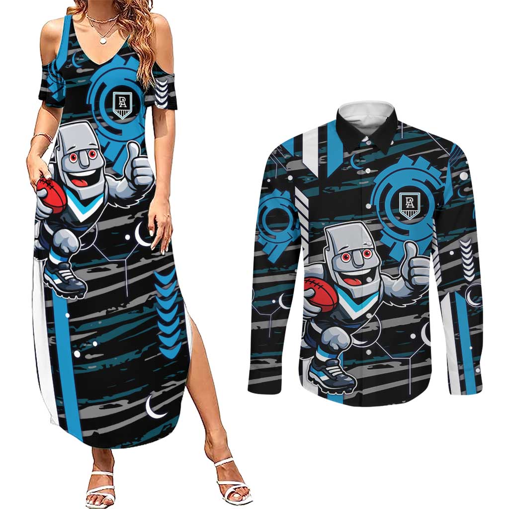 Port Adelaide Power Couples Matching Summer Maxi Dress and Long Sleeve Button Shirt Mascot Cartoon Football Illustration Style