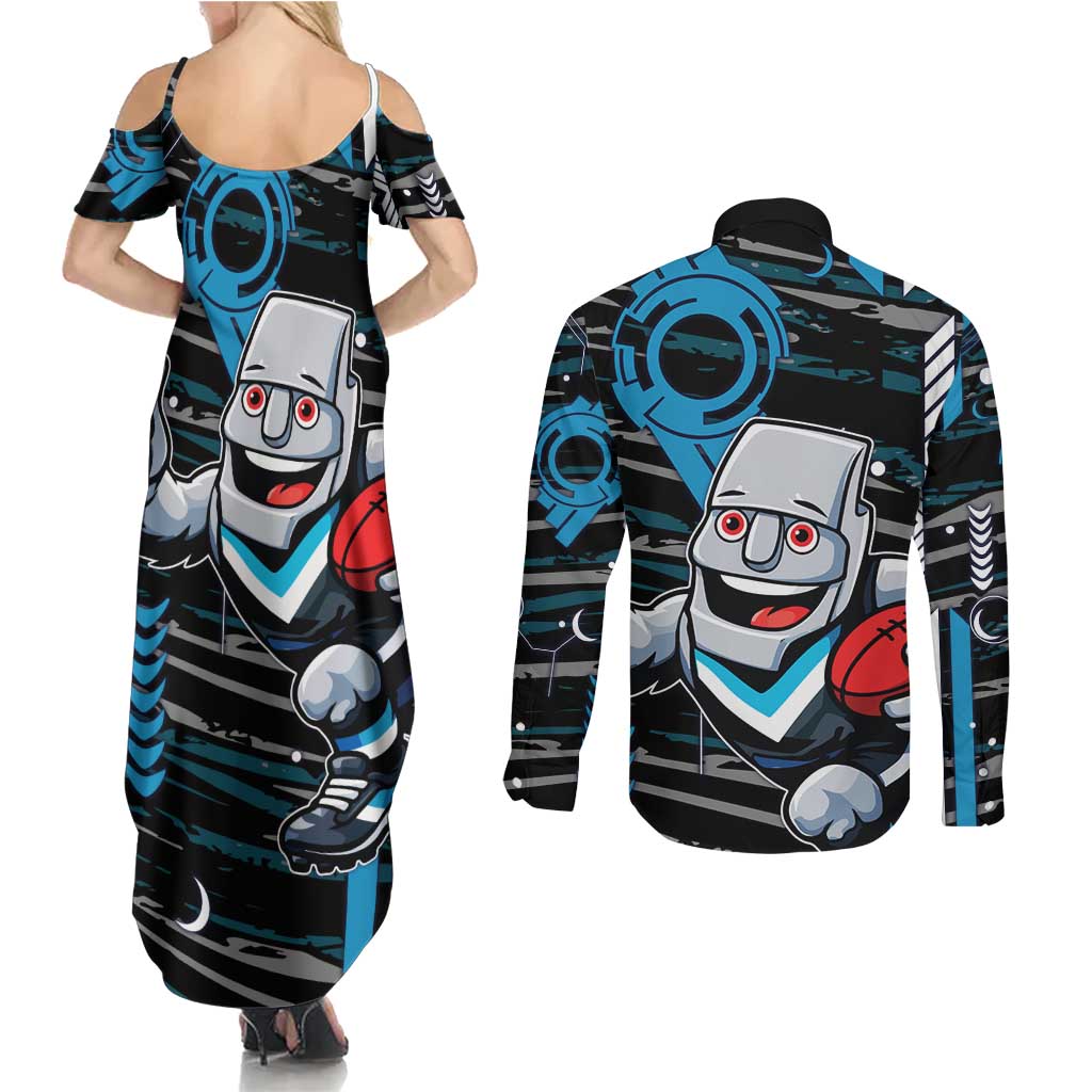 Port Adelaide Power Couples Matching Summer Maxi Dress and Long Sleeve Button Shirt Mascot Cartoon Football Illustration Style