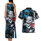 Port Adelaide Power Couples Matching Tank Maxi Dress and Hawaiian Shirt Mascot Cartoon Football Illustration Style