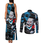 Port Adelaide Power Couples Matching Tank Maxi Dress and Long Sleeve Button Shirt Mascot Cartoon Football Illustration Style