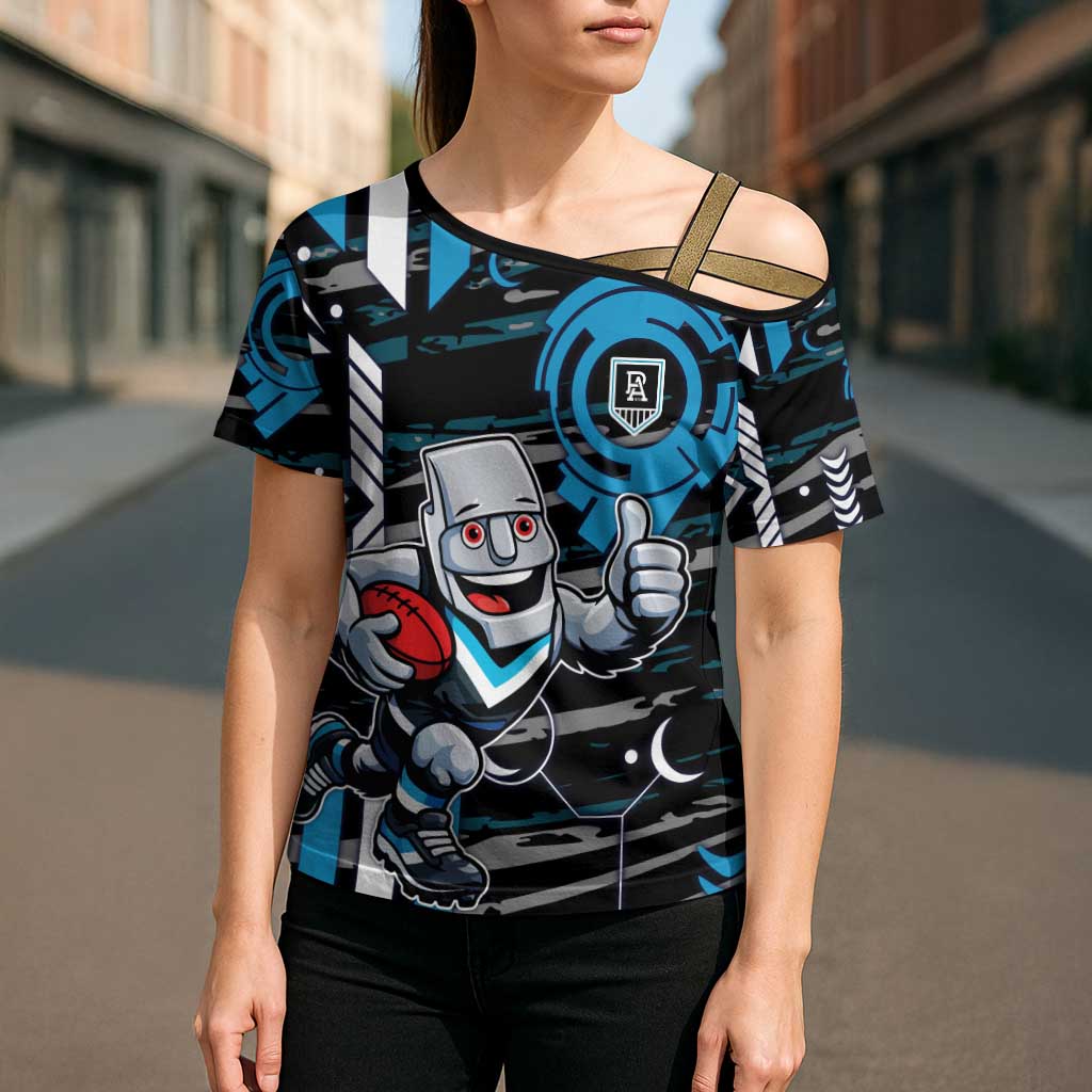 Port Adelaide Power Cross Shoulder Shirt Mascot Cartoon Football Illustration Style