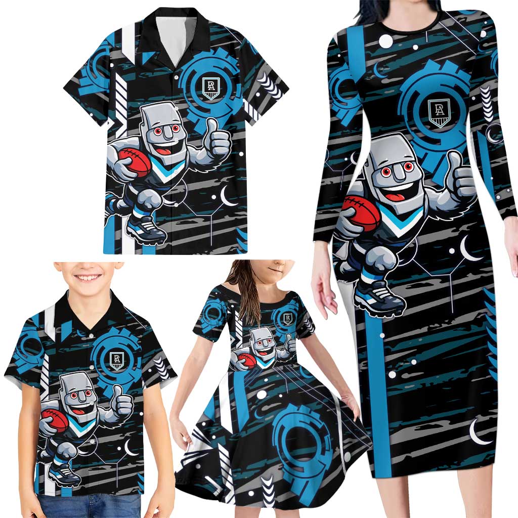 Port Adelaide Power Family Matching Long Sleeve Bodycon Dress and Hawaiian Shirt Mascot Cartoon Football Illustration Style