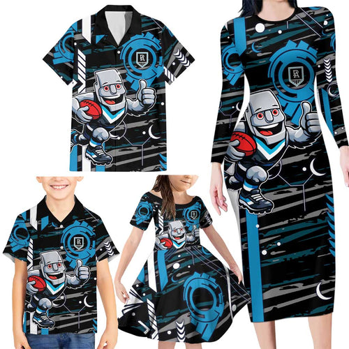 Port Adelaide Power Family Matching Long Sleeve Bodycon Dress and Hawaiian Shirt Mascot Cartoon Football Illustration Style