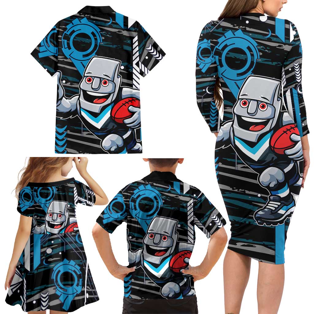 Port Adelaide Power Family Matching Long Sleeve Bodycon Dress and Hawaiian Shirt Mascot Cartoon Football Illustration Style