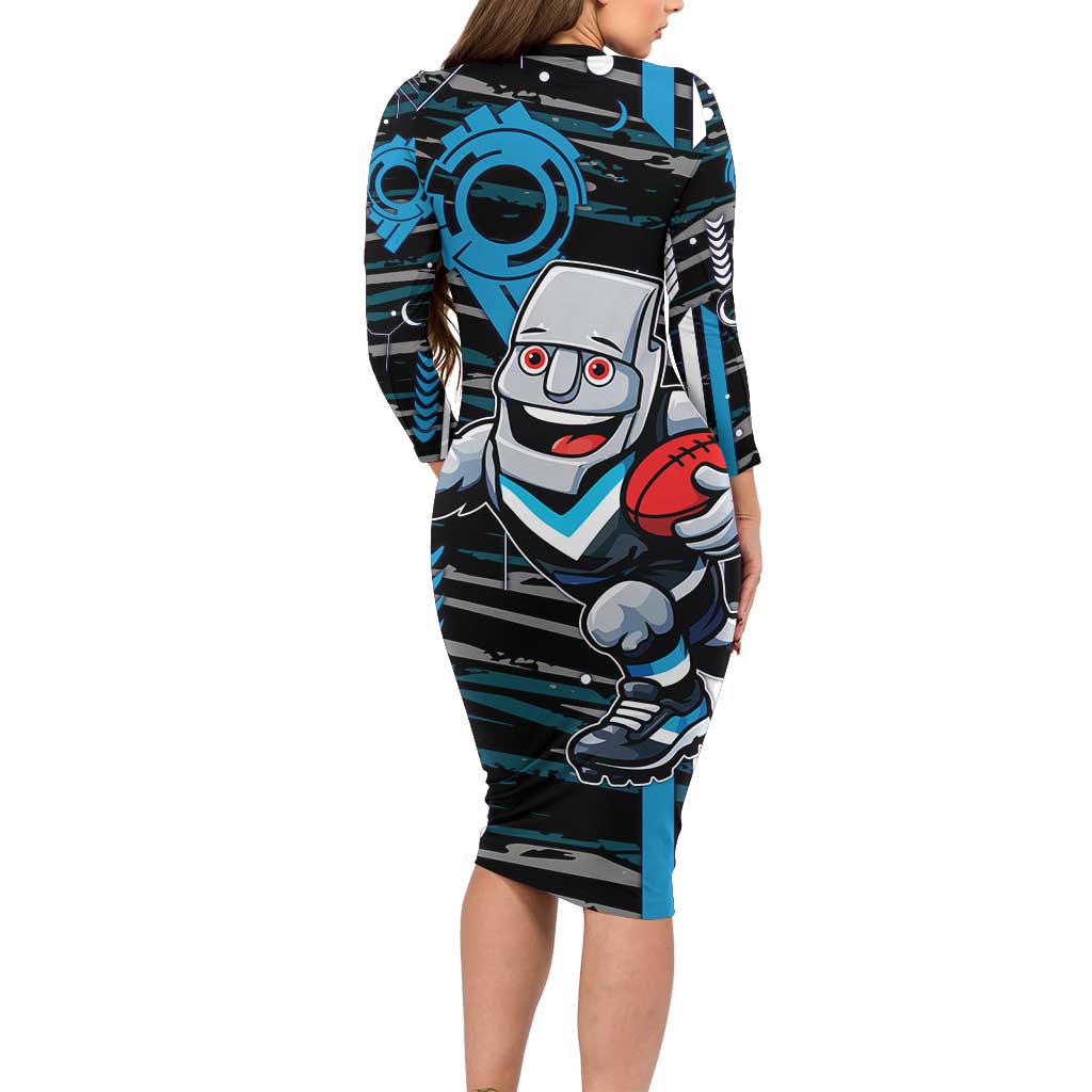 Port Adelaide Power Family Matching Long Sleeve Bodycon Dress and Hawaiian Shirt Mascot Cartoon Football Illustration Style