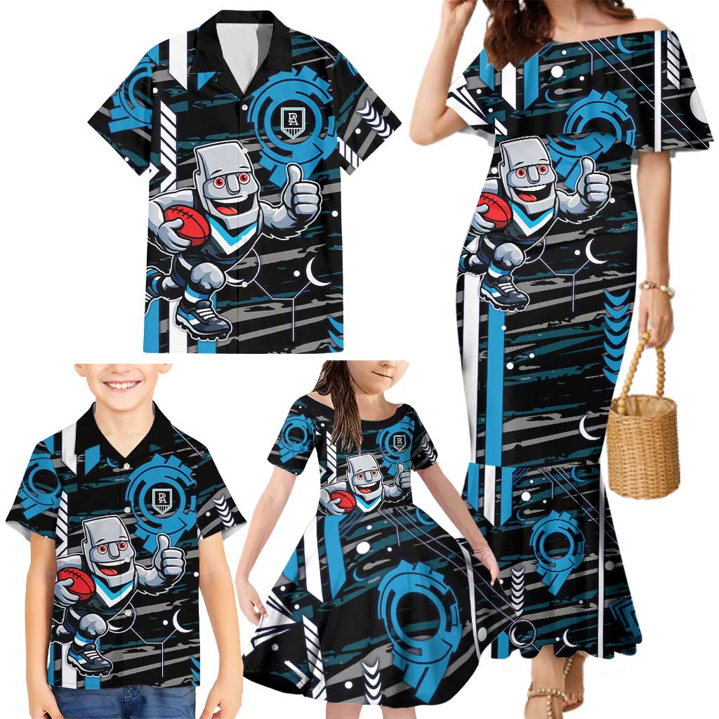 Port Adelaide Power Family Matching Mermaid Dress and Hawaiian Shirt Mascot Cartoon Football Illustration Style
