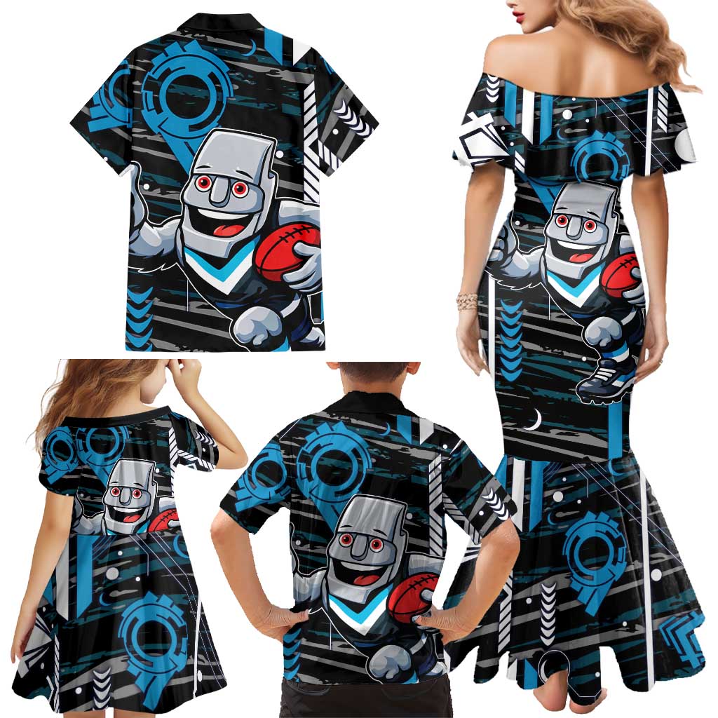 Port Adelaide Power Family Matching Mermaid Dress and Hawaiian Shirt Mascot Cartoon Football Illustration Style