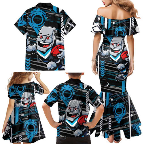 Port Adelaide Power Family Matching Mermaid Dress and Hawaiian Shirt Mascot Cartoon Football Illustration Style