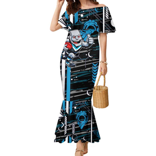 Port Adelaide Power Family Matching Mermaid Dress and Hawaiian Shirt Mascot Cartoon Football Illustration Style