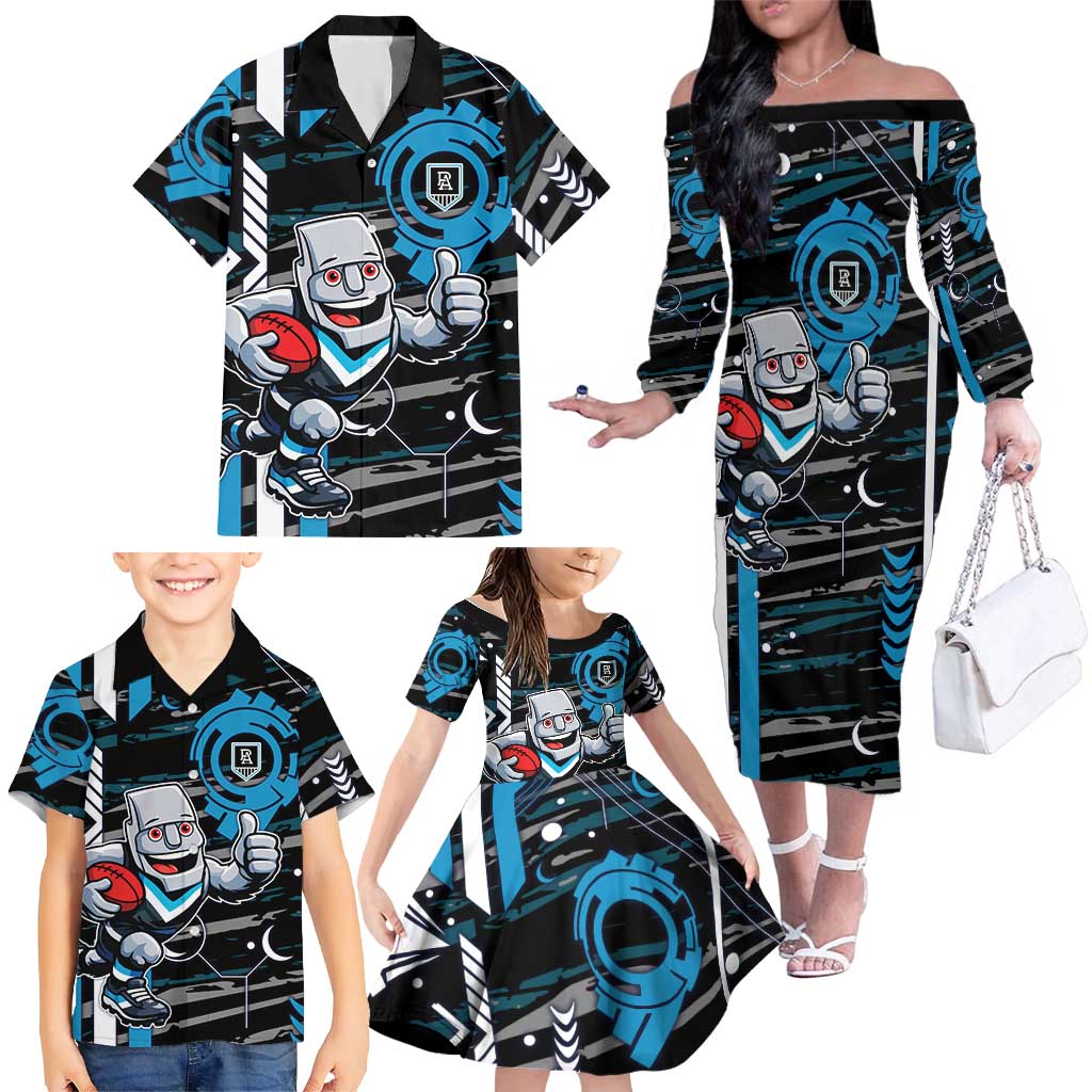 Port Adelaide Power Family Matching Off The Shoulder Long Sleeve Dress and Hawaiian Shirt Mascot Cartoon Football Illustration Style