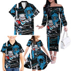 Port Adelaide Power Family Matching Off The Shoulder Long Sleeve Dress and Hawaiian Shirt Mascot Cartoon Football Illustration Style