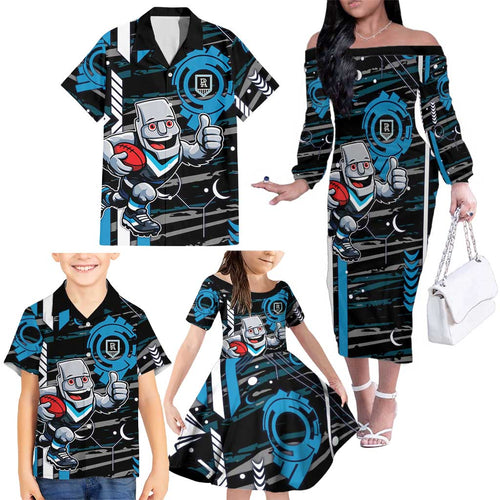 Port Adelaide Power Family Matching Off The Shoulder Long Sleeve Dress and Hawaiian Shirt Mascot Cartoon Football Illustration Style