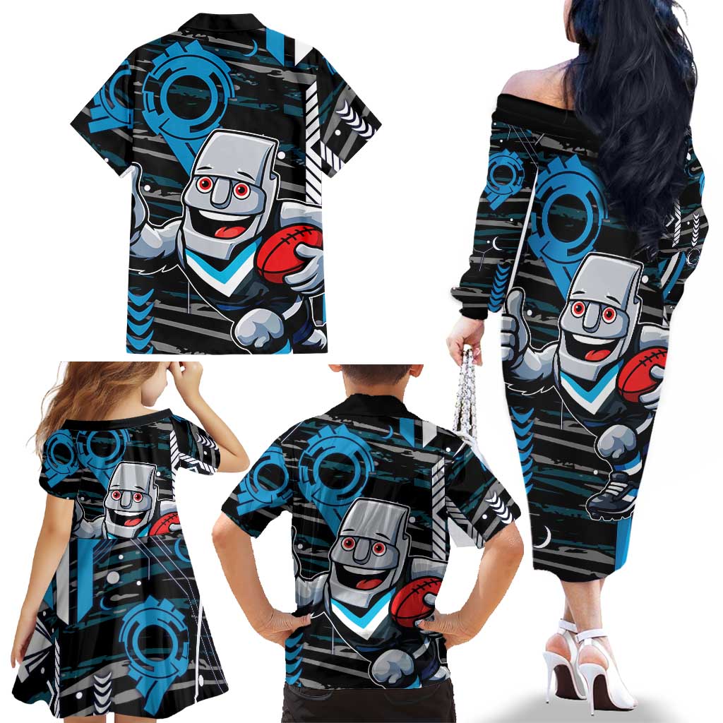 Port Adelaide Power Family Matching Off The Shoulder Long Sleeve Dress and Hawaiian Shirt Mascot Cartoon Football Illustration Style