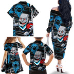 Port Adelaide Power Family Matching Off The Shoulder Long Sleeve Dress and Hawaiian Shirt Mascot Cartoon Football Illustration Style