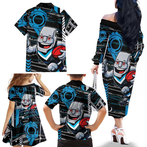 Port Adelaide Power Family Matching Off The Shoulder Long Sleeve Dress and Hawaiian Shirt Mascot Cartoon Football Illustration Style