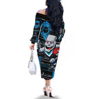 Port Adelaide Power Family Matching Off The Shoulder Long Sleeve Dress and Hawaiian Shirt Mascot Cartoon Football Illustration Style