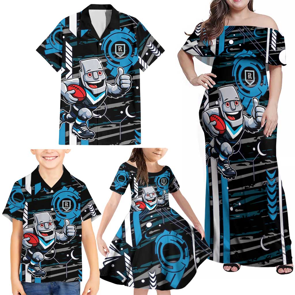 Port Adelaide Power Family Matching Off Shoulder Maxi Dress and Hawaiian Shirt Mascot Cartoon Football Illustration Style