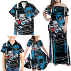 Port Adelaide Power Family Matching Off Shoulder Maxi Dress and Hawaiian Shirt Mascot Cartoon Football Illustration Style