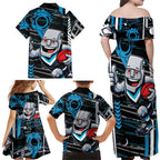 Port Adelaide Power Family Matching Off Shoulder Maxi Dress and Hawaiian Shirt Mascot Cartoon Football Illustration Style