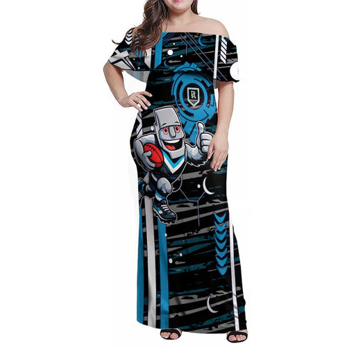 Port Adelaide Power Family Matching Off Shoulder Maxi Dress and Hawaiian Shirt Mascot Cartoon Football Illustration Style