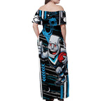Port Adelaide Power Family Matching Off Shoulder Maxi Dress and Hawaiian Shirt Mascot Cartoon Football Illustration Style