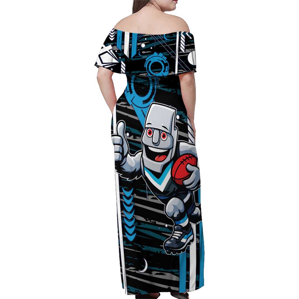 Port Adelaide Power Family Matching Off Shoulder Maxi Dress and Hawaiian Shirt Mascot Cartoon Football Illustration Style