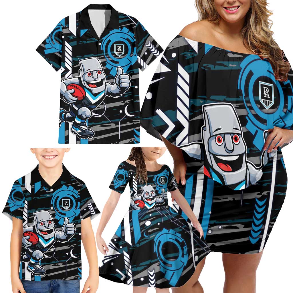 Port Adelaide Power Family Matching Off Shoulder Short Dress and Hawaiian Shirt Mascot Cartoon Football Illustration Style
