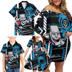 Port Adelaide Power Family Matching Off Shoulder Short Dress and Hawaiian Shirt Mascot Cartoon Football Illustration Style