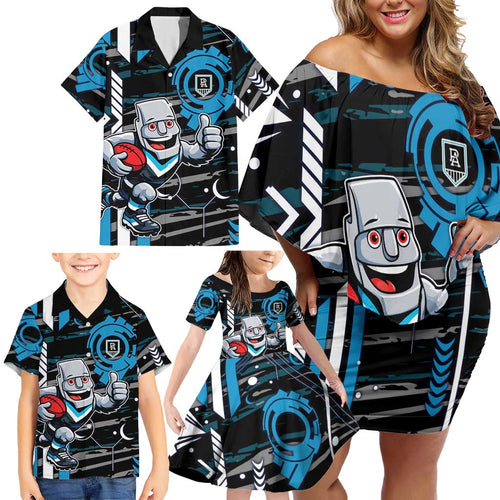 Port Adelaide Power Family Matching Off Shoulder Short Dress and Hawaiian Shirt Mascot Cartoon Football Illustration Style