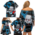 Port Adelaide Power Family Matching Off Shoulder Short Dress and Hawaiian Shirt Mascot Cartoon Football Illustration Style