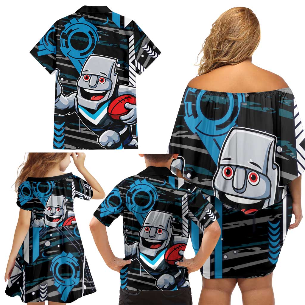 Port Adelaide Power Family Matching Off Shoulder Short Dress and Hawaiian Shirt Mascot Cartoon Football Illustration Style