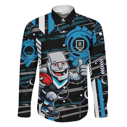 Port Adelaide Power Family Matching Off Shoulder Short Dress and Hawaiian Shirt Mascot Cartoon Football Illustration Style
