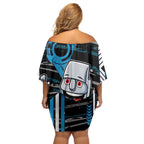 Port Adelaide Power Family Matching Off Shoulder Short Dress and Hawaiian Shirt Mascot Cartoon Football Illustration Style
