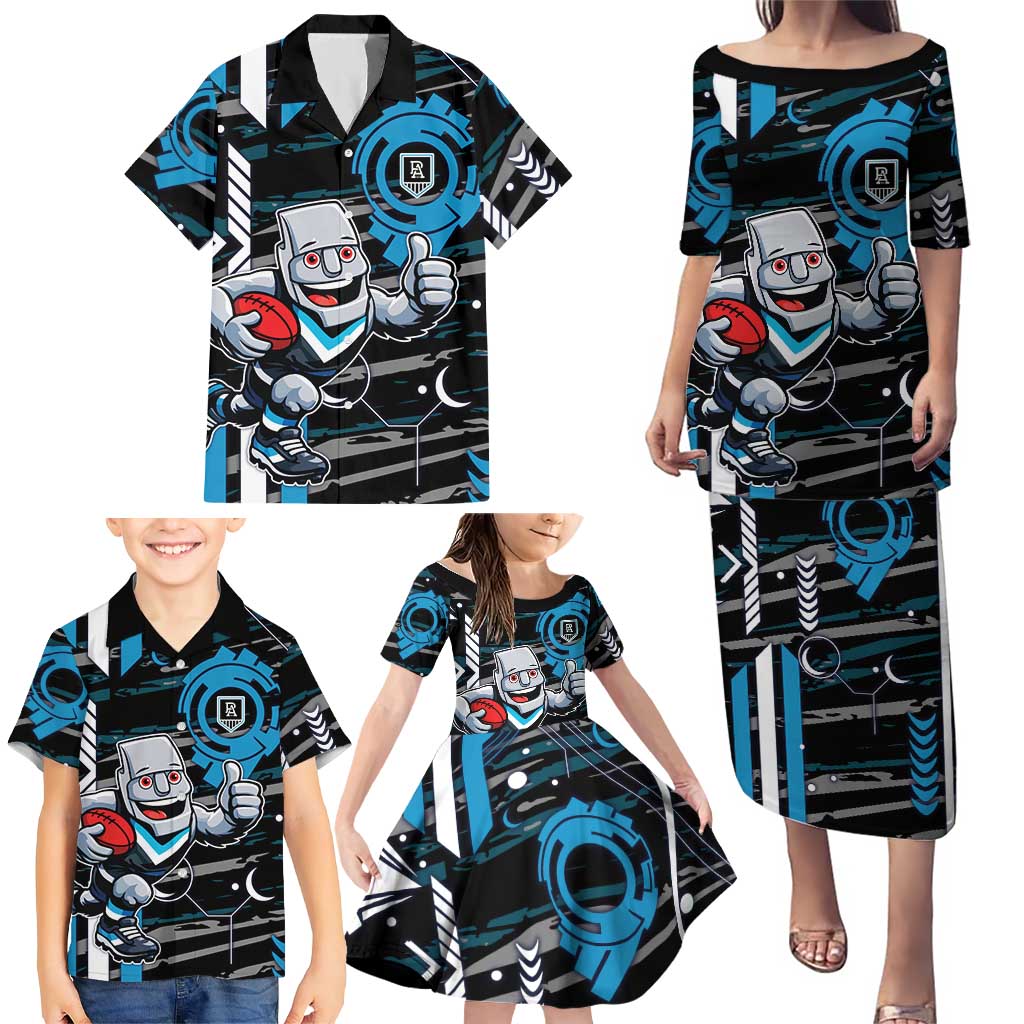 Port Adelaide Power Family Matching Puletasi and Hawaiian Shirt Mascot Cartoon Football Illustration Style