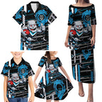 Port Adelaide Power Family Matching Puletasi and Hawaiian Shirt Mascot Cartoon Football Illustration Style