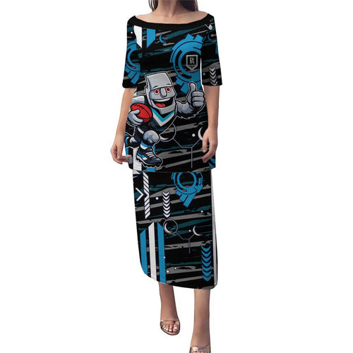 Port Adelaide Power Family Matching Puletasi and Hawaiian Shirt Mascot Cartoon Football Illustration Style