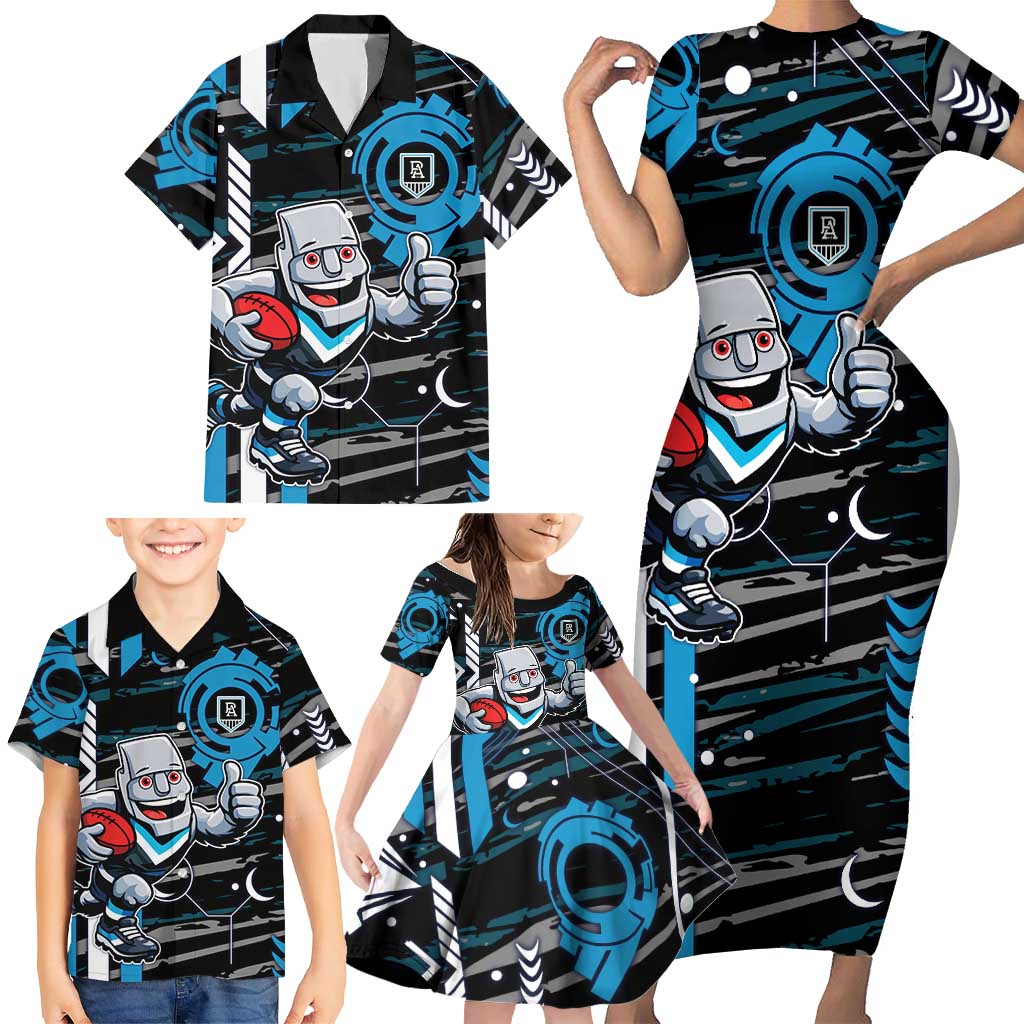 Port Adelaide Power Family Matching Short Sleeve Bodycon Dress and Hawaiian Shirt Mascot Cartoon Football Illustration Style