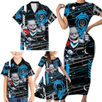Port Adelaide Power Family Matching Short Sleeve Bodycon Dress and Hawaiian Shirt Mascot Cartoon Football Illustration Style