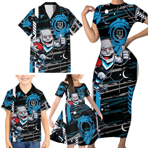 Port Adelaide Power Family Matching Short Sleeve Bodycon Dress and Hawaiian Shirt Mascot Cartoon Football Illustration Style