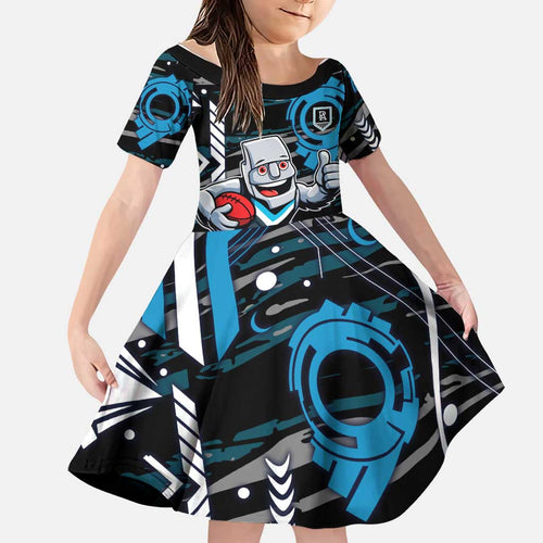 Port Adelaide Power Family Matching Short Sleeve Bodycon Dress and Hawaiian Shirt Mascot Cartoon Football Illustration Style