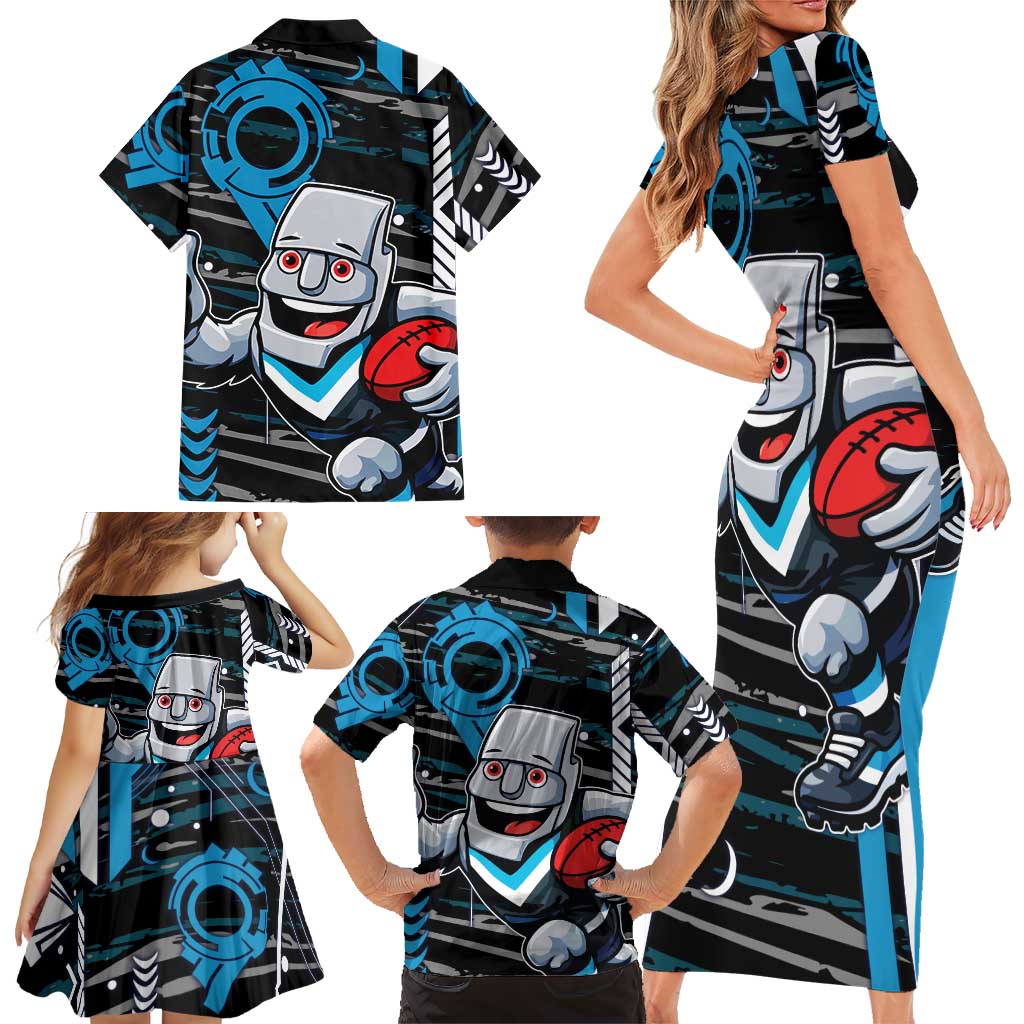 Port Adelaide Power Family Matching Short Sleeve Bodycon Dress and Hawaiian Shirt Mascot Cartoon Football Illustration Style