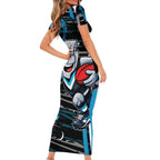 Port Adelaide Power Family Matching Short Sleeve Bodycon Dress and Hawaiian Shirt Mascot Cartoon Football Illustration Style