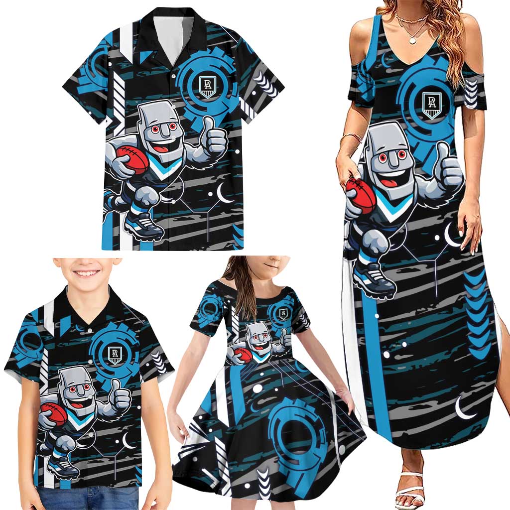 Port Adelaide Power Family Matching Summer Maxi Dress and Hawaiian Shirt Mascot Cartoon Football Illustration Style