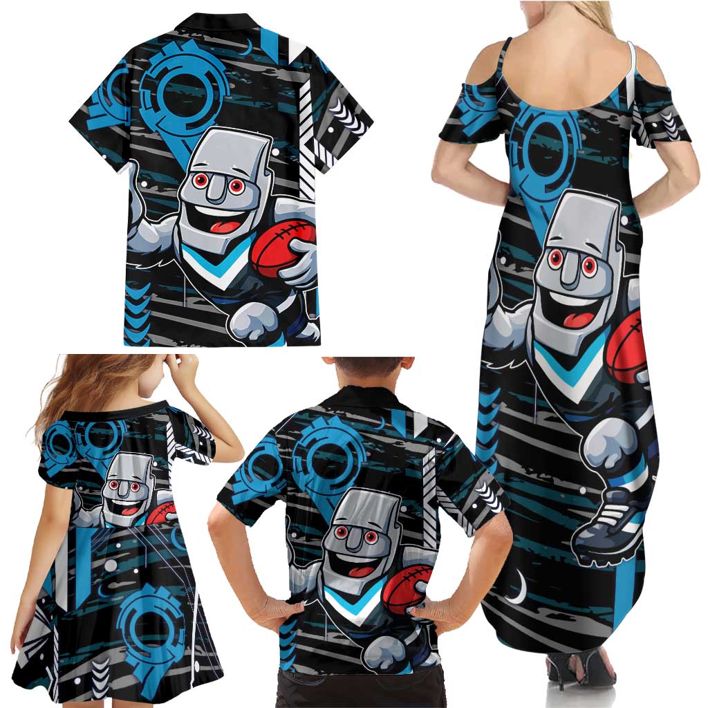 Port Adelaide Power Family Matching Summer Maxi Dress and Hawaiian Shirt Mascot Cartoon Football Illustration Style
