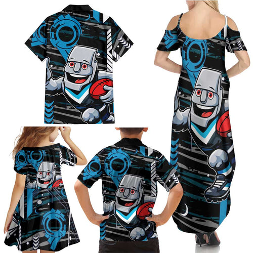 Port Adelaide Power Family Matching Summer Maxi Dress and Hawaiian Shirt Mascot Cartoon Football Illustration Style