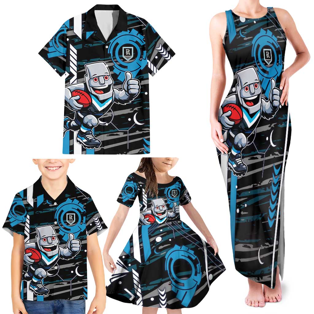 Port Adelaide Power Family Matching Tank Maxi Dress and Hawaiian Shirt Mascot Cartoon Football Illustration Style