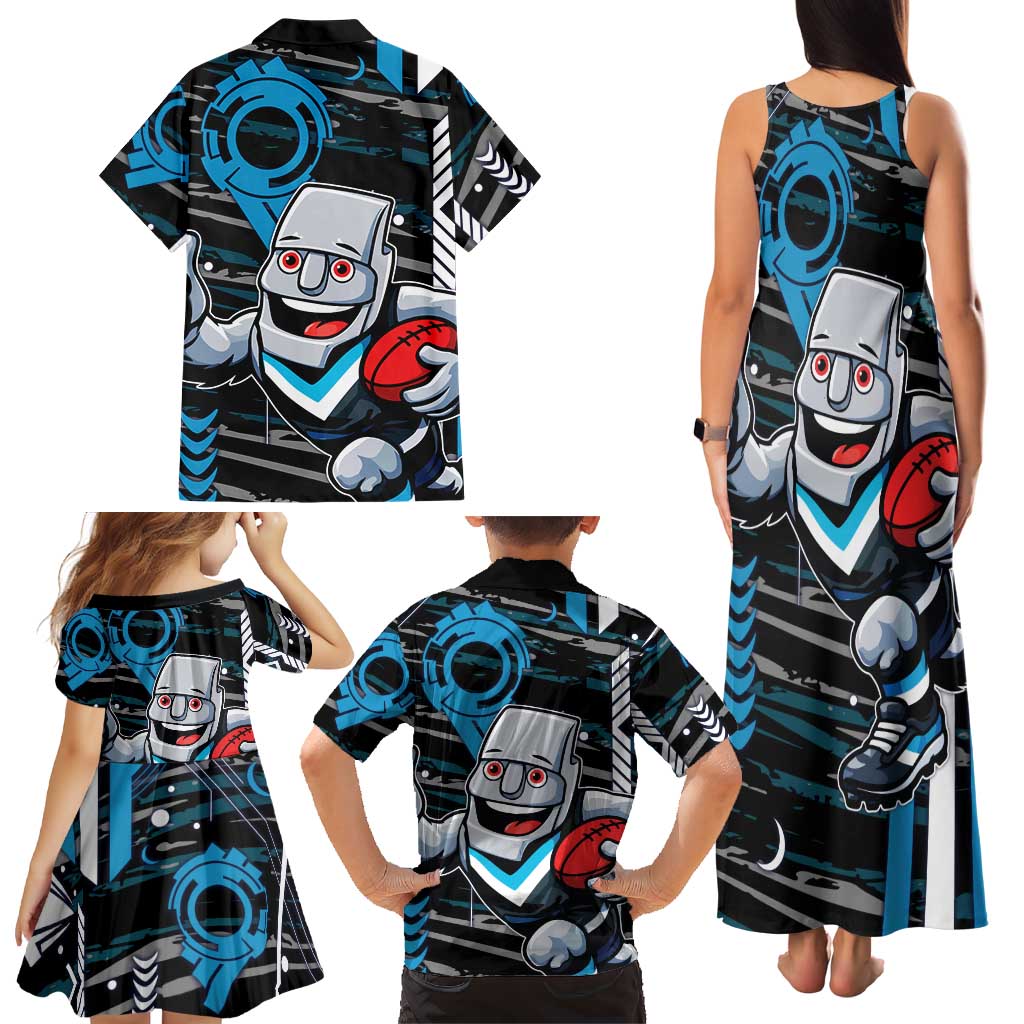 Port Adelaide Power Family Matching Tank Maxi Dress and Hawaiian Shirt Mascot Cartoon Football Illustration Style