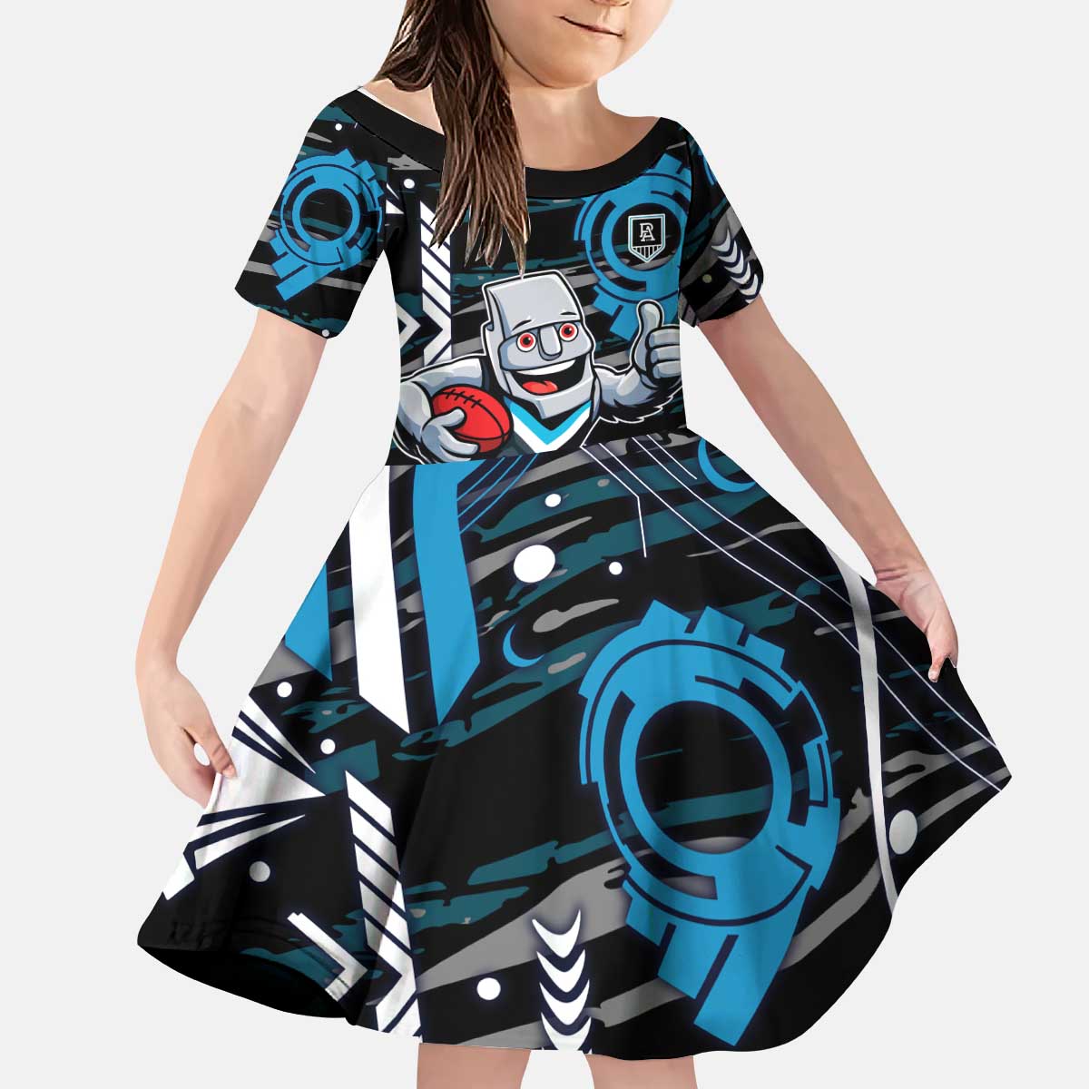 Port Adelaide Power Kid Short Sleeve Dress Mascot Cartoon Football Illustration Style